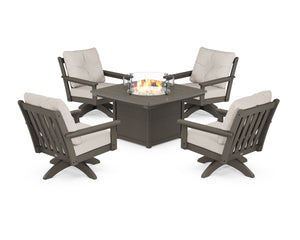 POLYWOOD® Vineyard 5-Piece Deep Seating Swivel Conversation Set with Fire Pit Table in Vintage